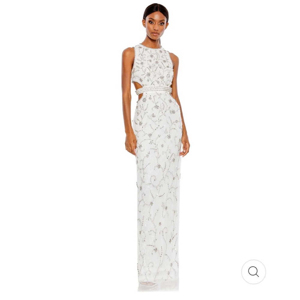 Mac Duggal beaded sleeveless high neck cut out column gown